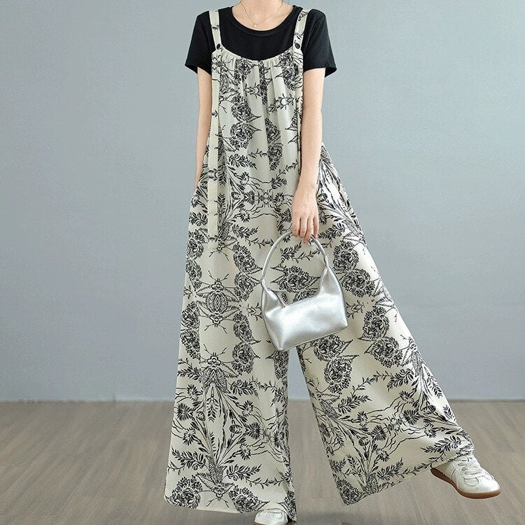 ART PRINT A-LINE WIDE LEG STRAP JUMPSUIT 1color M-14152