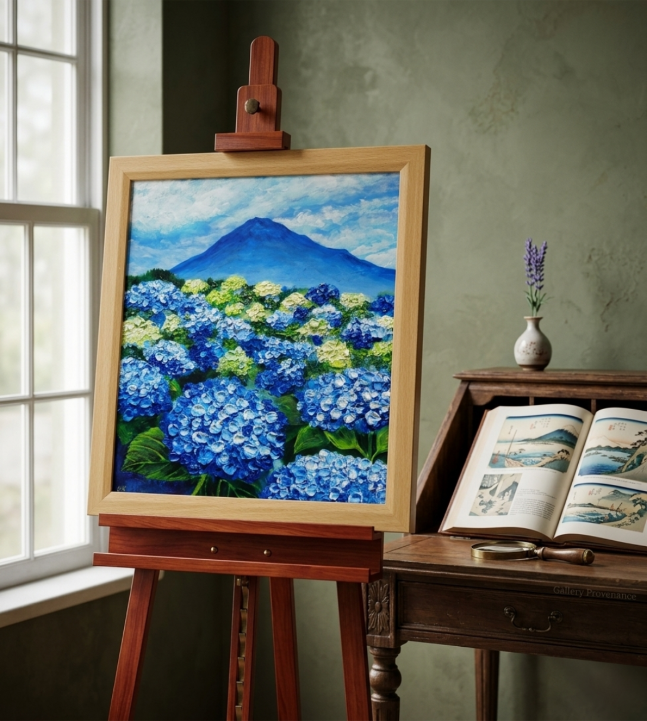 油絵 絵画【青の情景 〜富士と紫陽花の咲く丘〜】油彩画 風景画