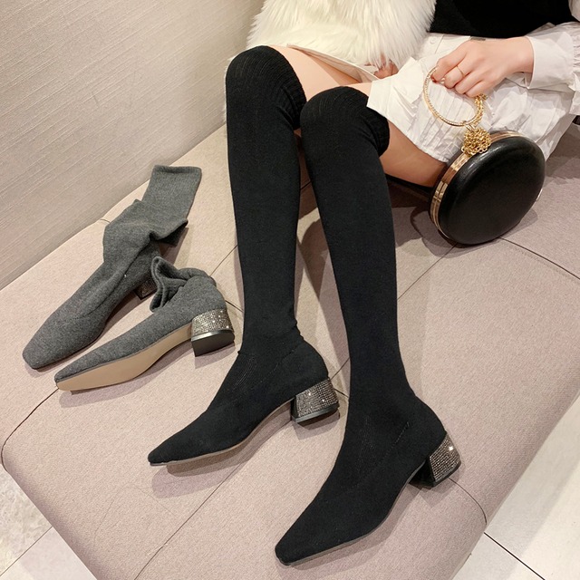 スモールブーツ女性の膝丈のブーツ2019春と秋の新しい弾性ミディアムチューブ薄いスキニーブーツ厚いヒールソックスブーツ冬 部族の婦人靴6938156