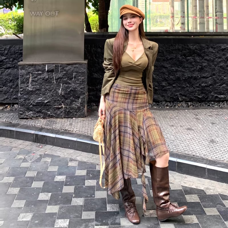 【set】キャミソール×イレヘムチェック柄スカートセット Q8020