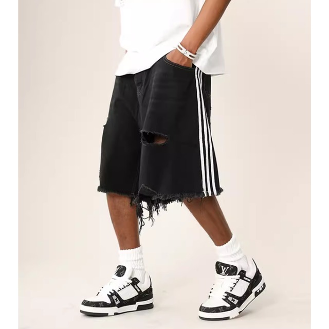 【DRIP5575】D/B Damaged Hem Sideline Denim Shorts