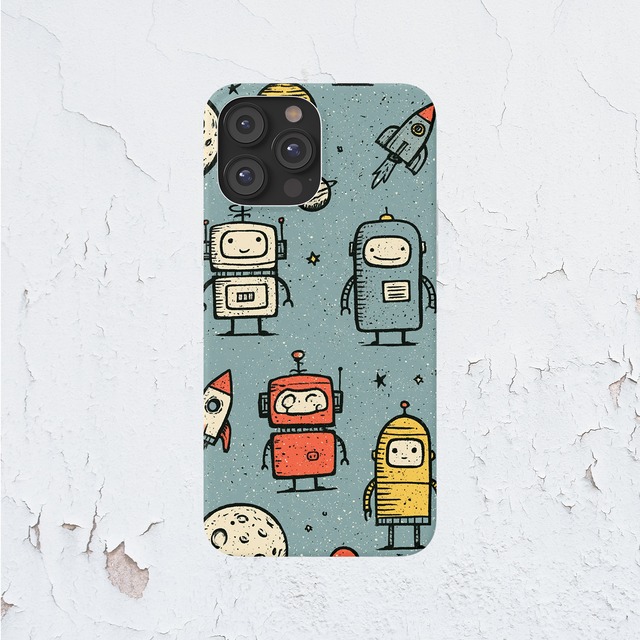 受注生産 iPhoneケース レトロロボットの宇宙柄｜SFポスター風 RFSP046A