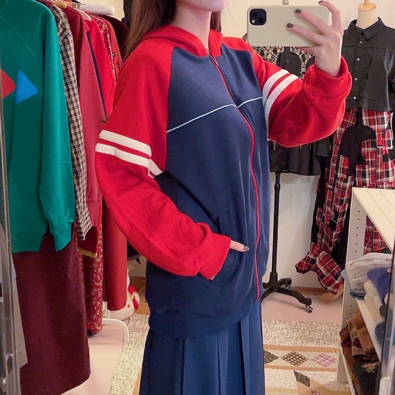 90s red navy jersey hoodie