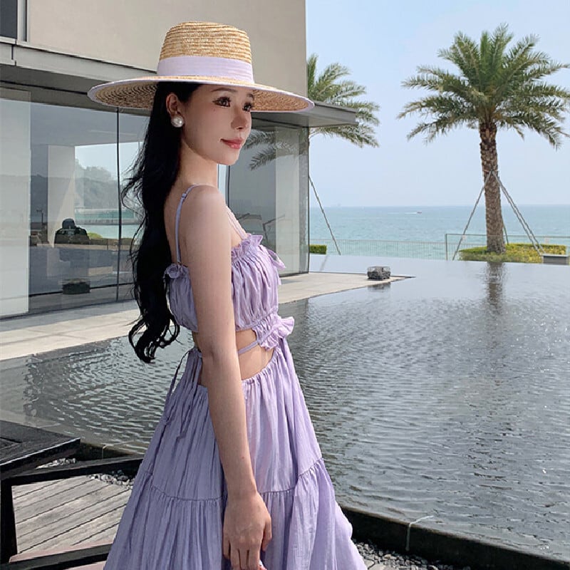 SummerVacationシリーズ】ロングワンピース バックリボン ビーチ 無地
