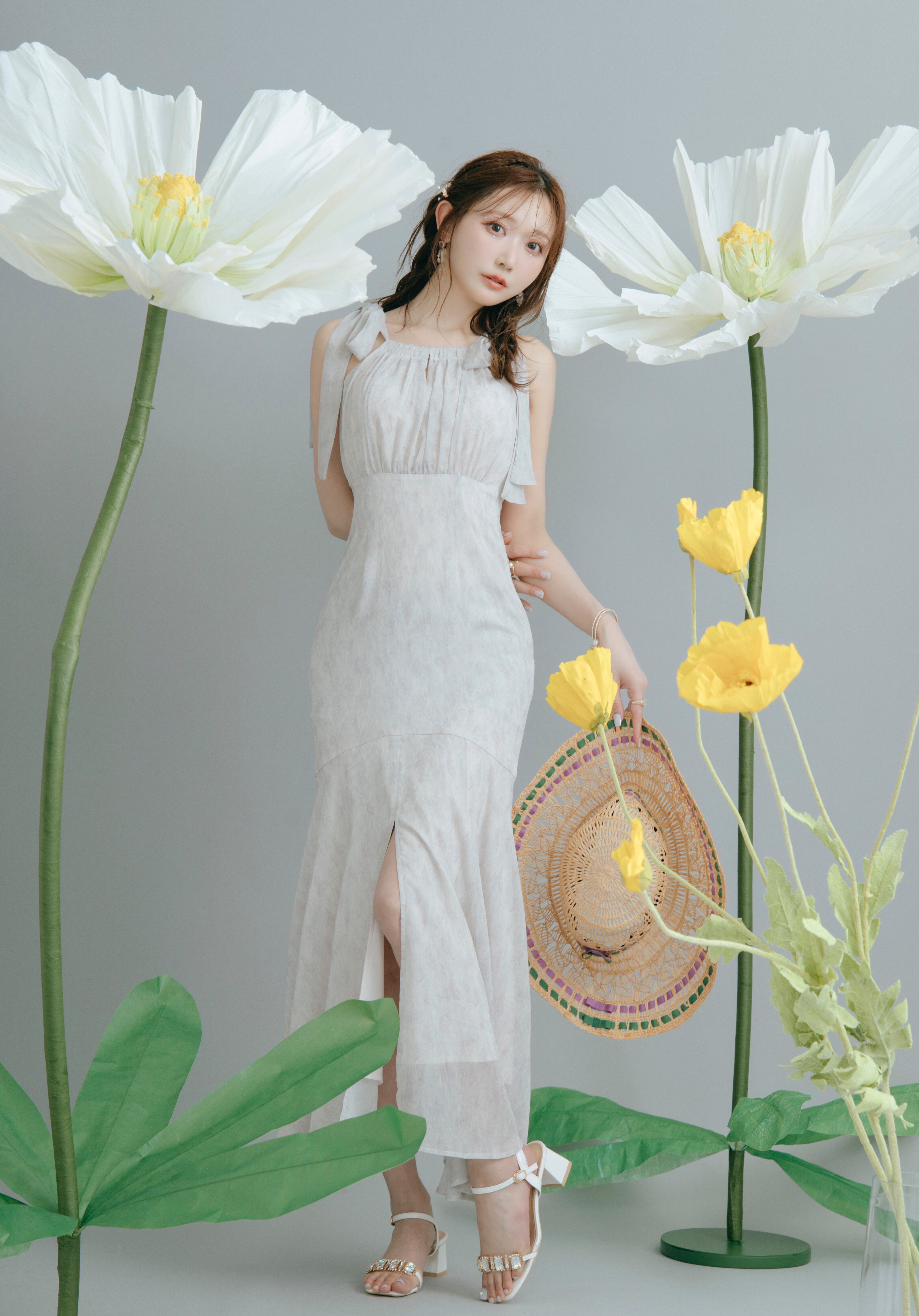 Blur Shoulder Ribbon Dress | Crayme,