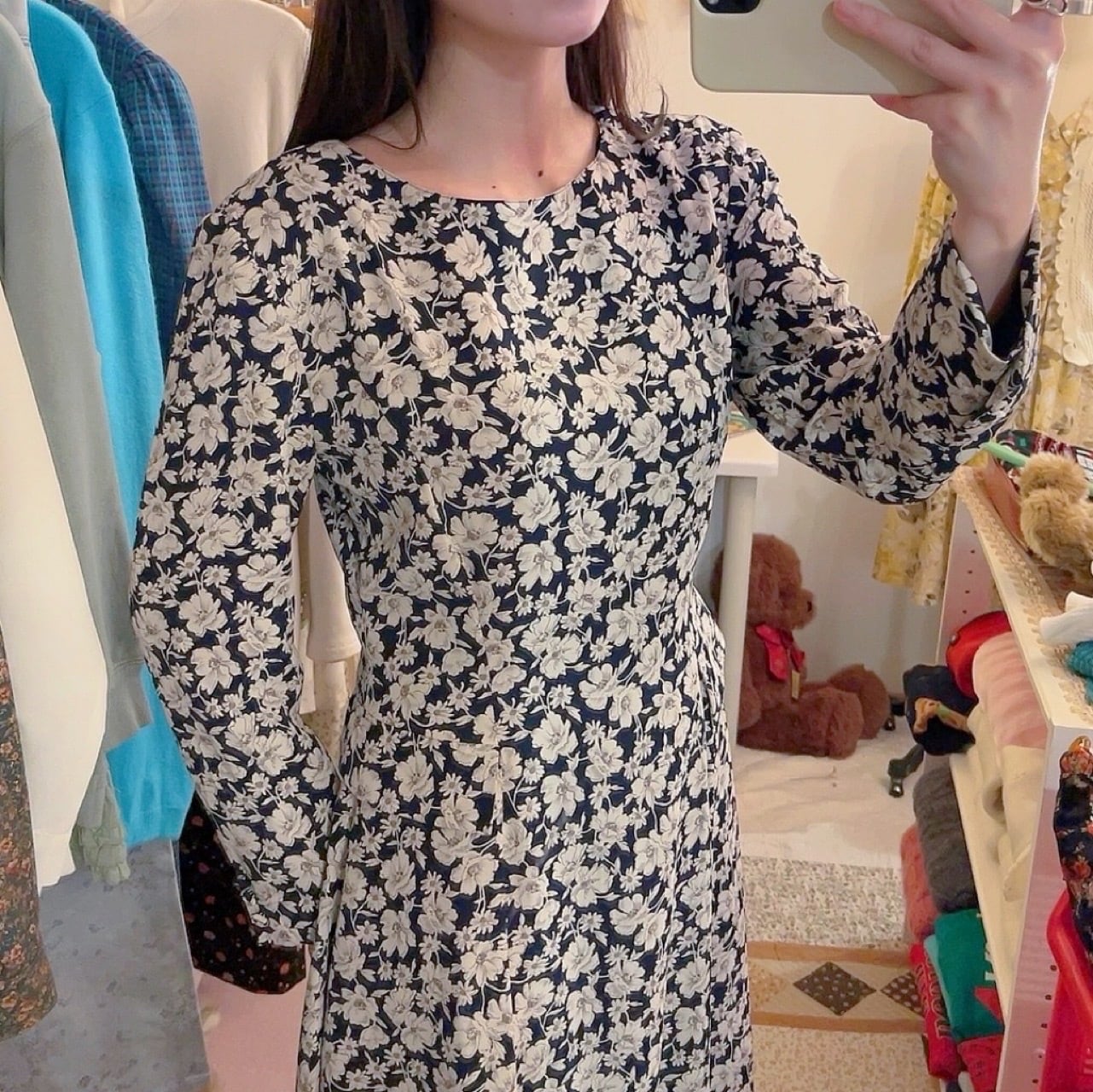 white flower navy flare one-piece