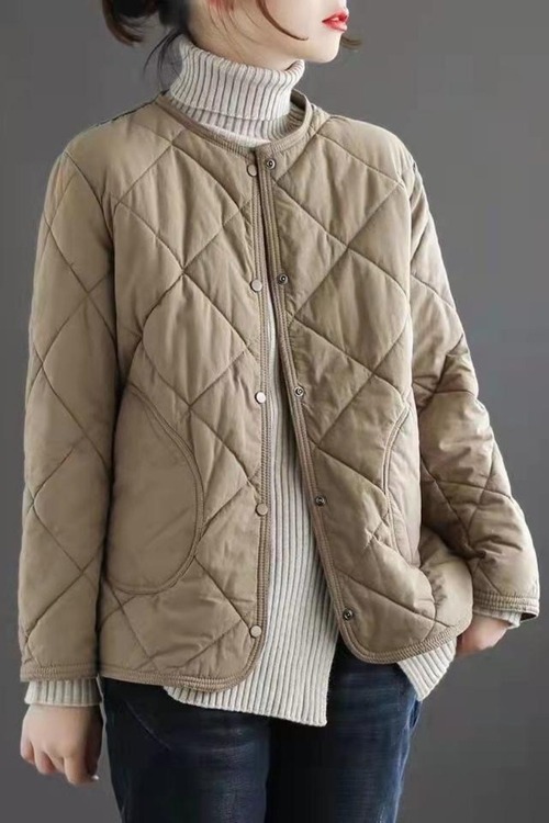 ラウンドカラー、キルティングショートダイヤモンドキルティングコットンコート、女性の冬用綿入りジャケット
