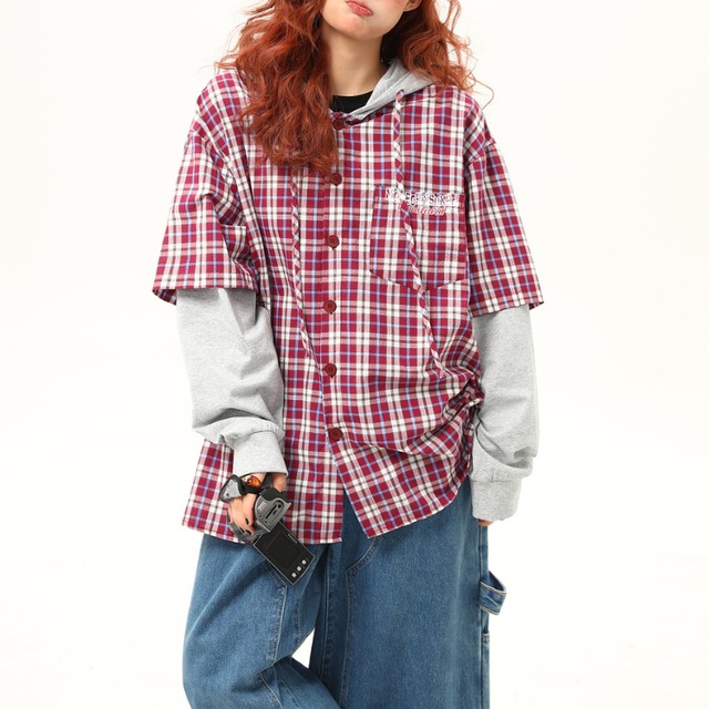 layered hooded color check shirt　レイヤードフード付きカラーチェックシャツ　J1298
