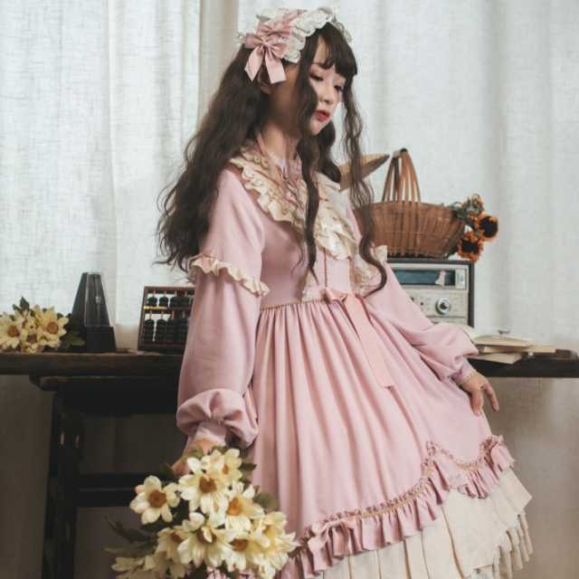 全3色 ワンピース ロリータ ロリータワンピース 甘ロリ カジュロリ ゴスロリ レディース レース キュート 可愛い プリンセス ロリータ風ワンピ クラシカル ミディアム丈 膝上 長袖 夢かわ セットアップやパンツドレスなど二次会ドレスに合う海外ファッションサイト Urubei