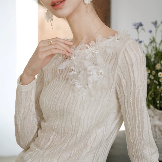 フラワーレース装飾 シアートップス　W00334