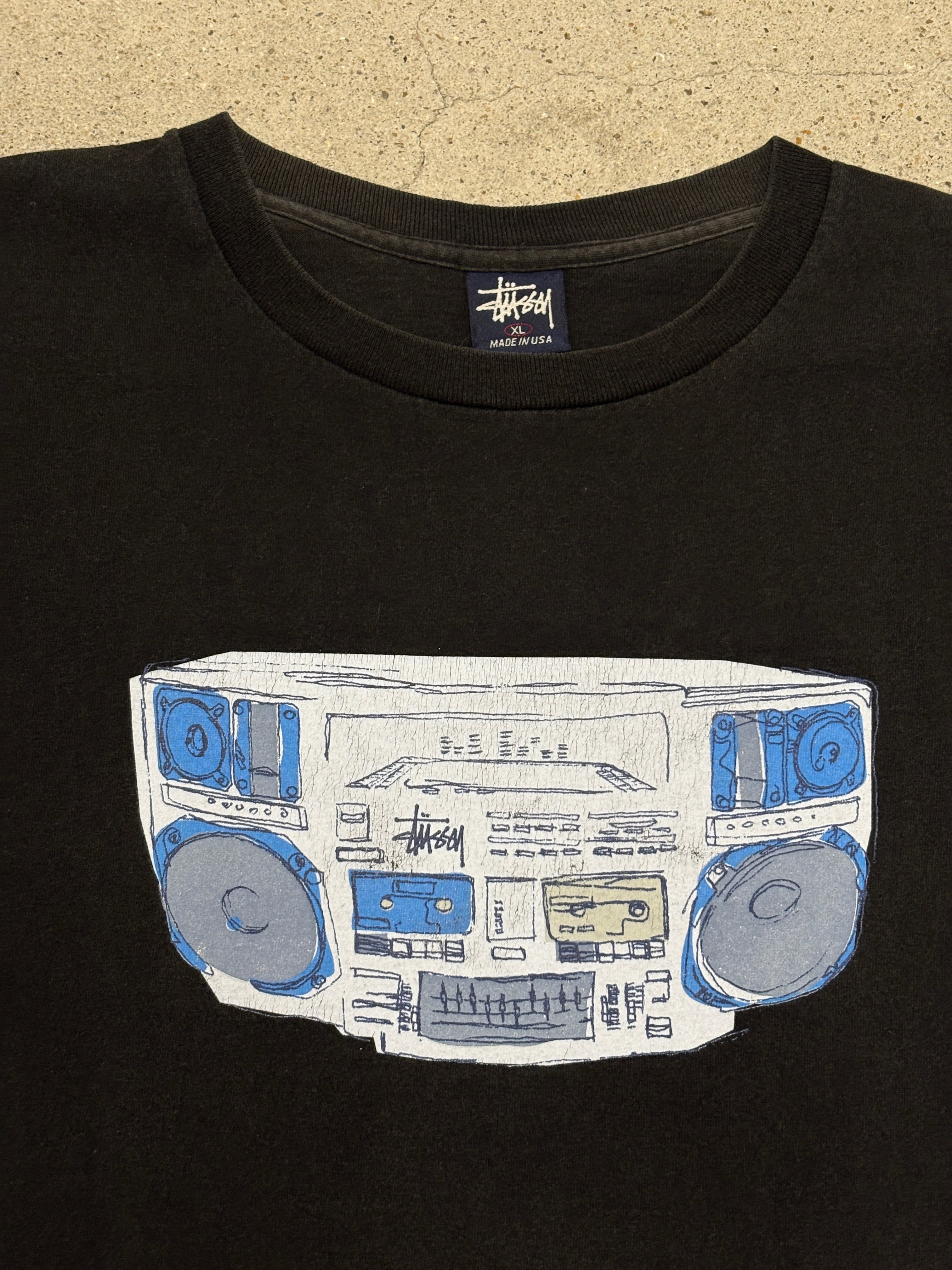 90～00s OLD STUSSY/Boom box print Tee/USA製/紺タグ/XL/ラジカセ