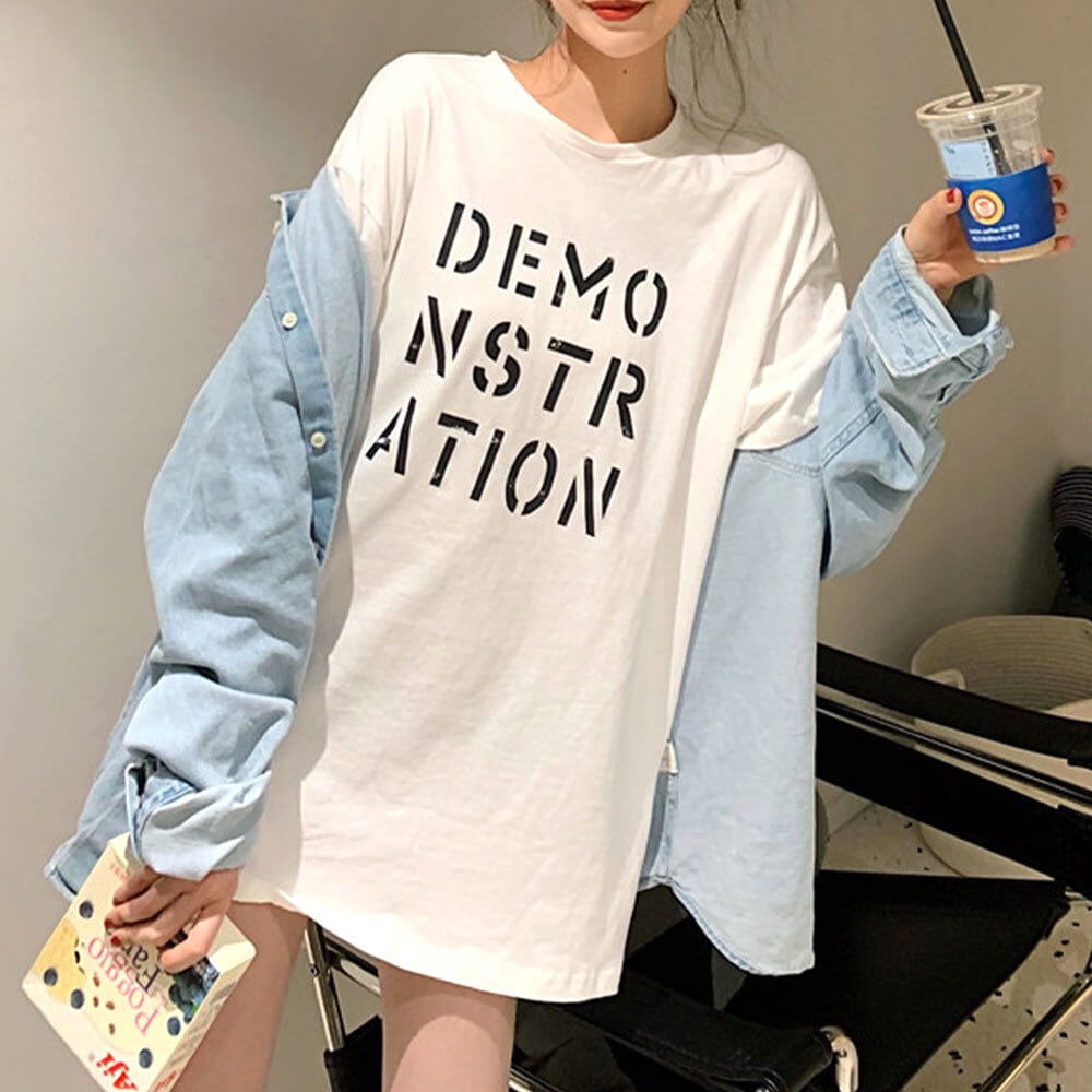 ロング ロゴ Tシャツ レディース 半袖 春夏秋 韓国 ストリート 大人