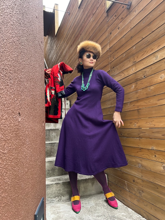 Vintage purple simple wool knit dress (ヴィンテージ  パープル ニット ワンピース)