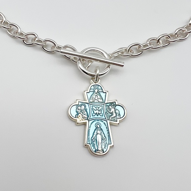 【再販】White Chain and Light Blue Cross Medaille necklace