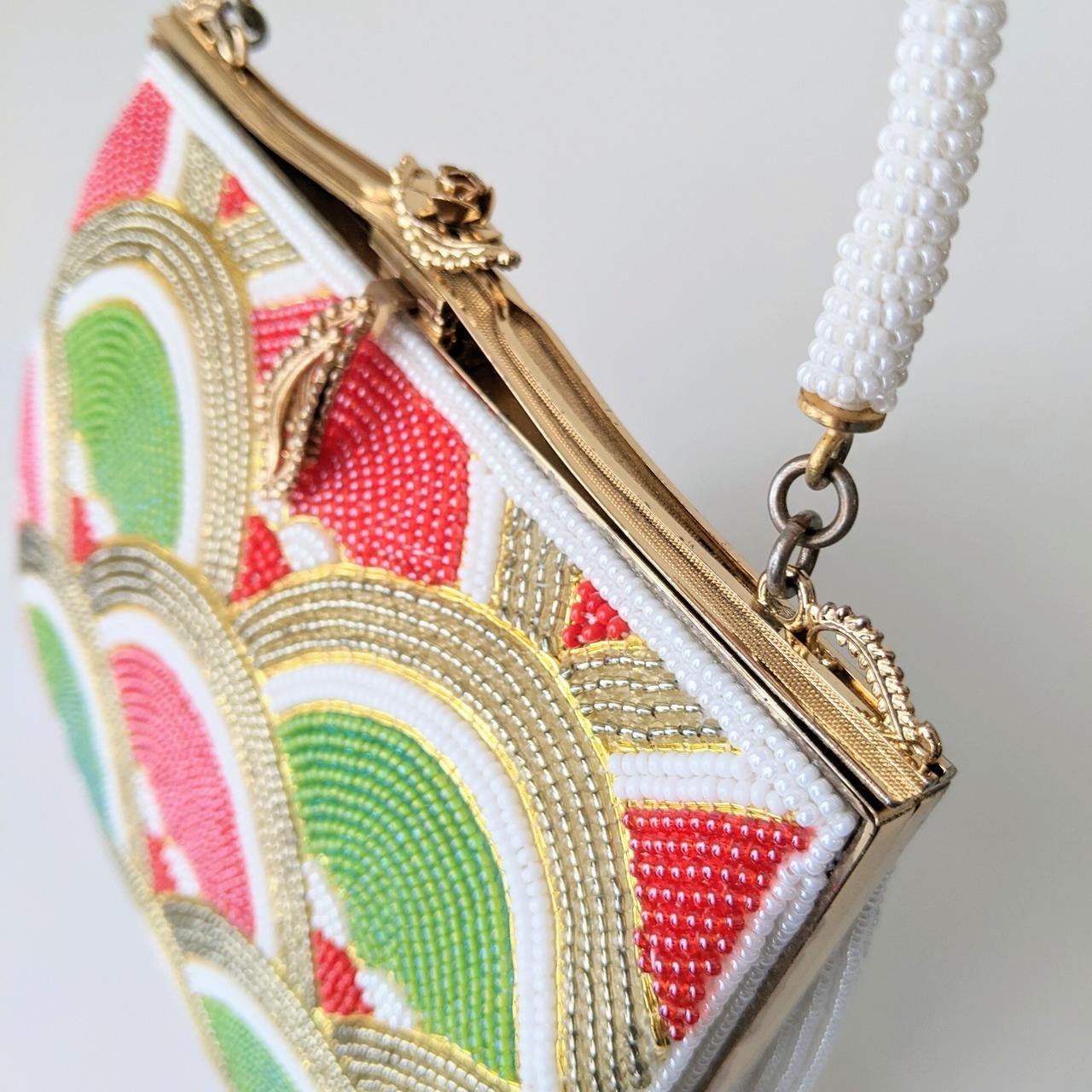 Vintage】ビーズ刺繍バッグ 青海波文様 赤×緑×金 Vintage Beaded Bag  