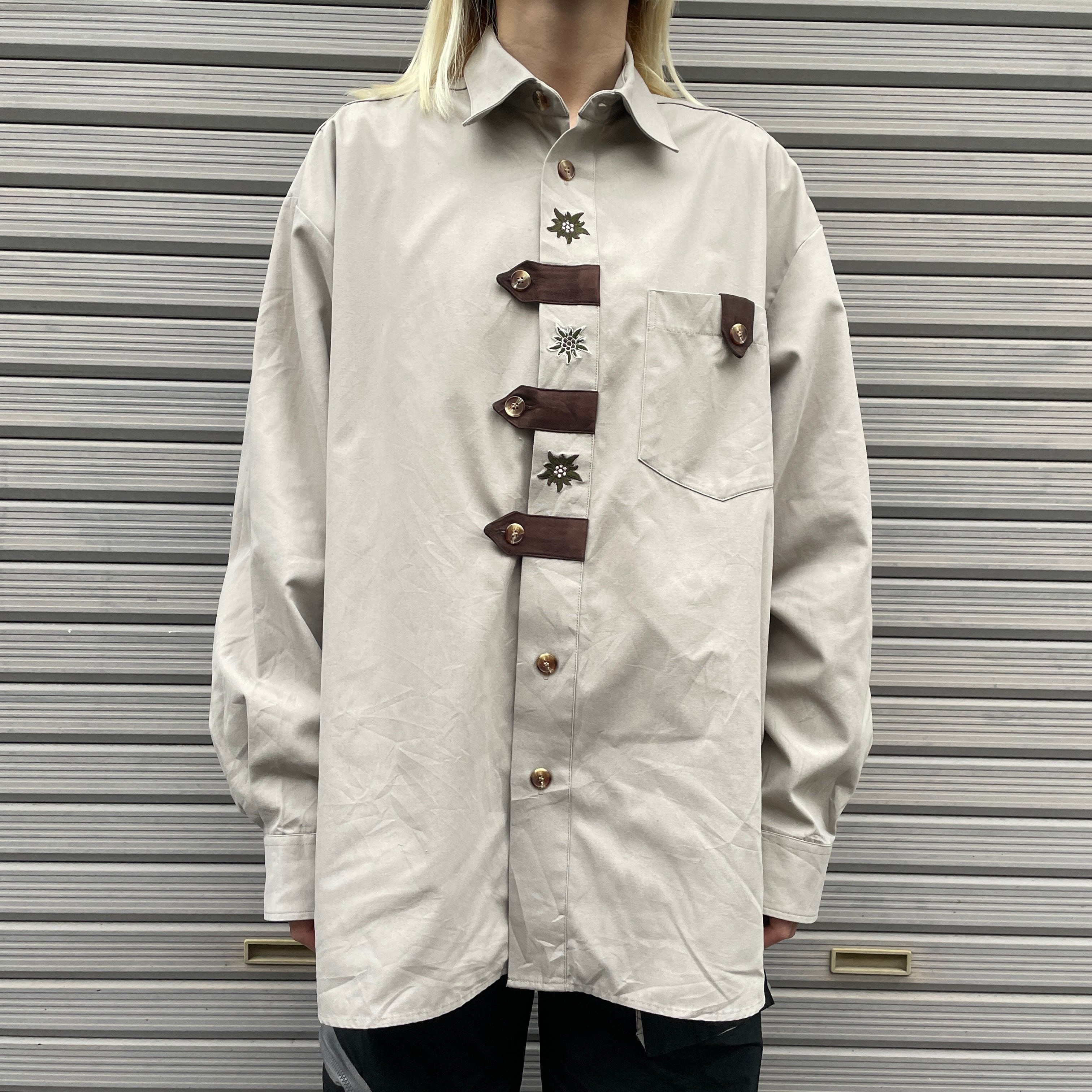 刺繍デザイン 長袖 チロリアンシャツ メンズL相当 ユーロ ヨーロッパ 