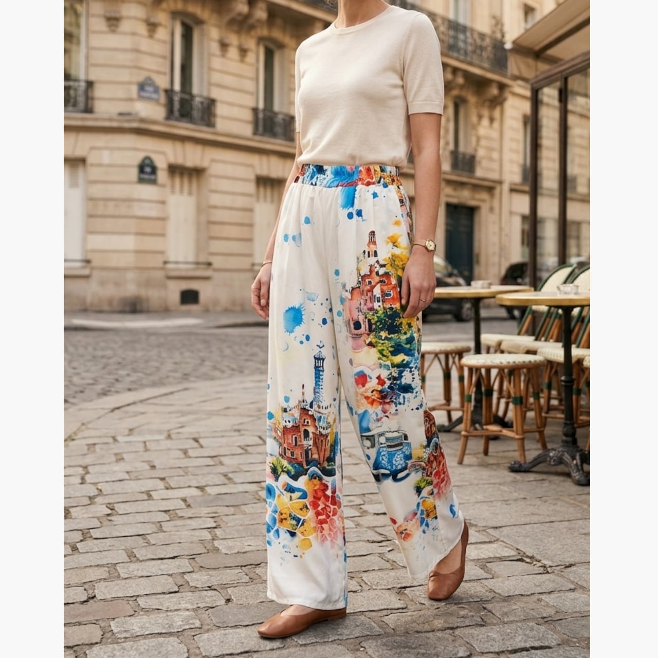 アートプリント ワイドパンツ レディース ウエストゴム ゆったり 体型カバー カラフル ヨーロッパ風 セットアップ対応 春夏 旅行コーデ 大人カジュアル