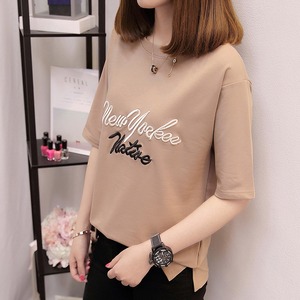 韓国ファッション　Tシャツ ラウンドネック レディース 半袖　刺繍入り ブラウン