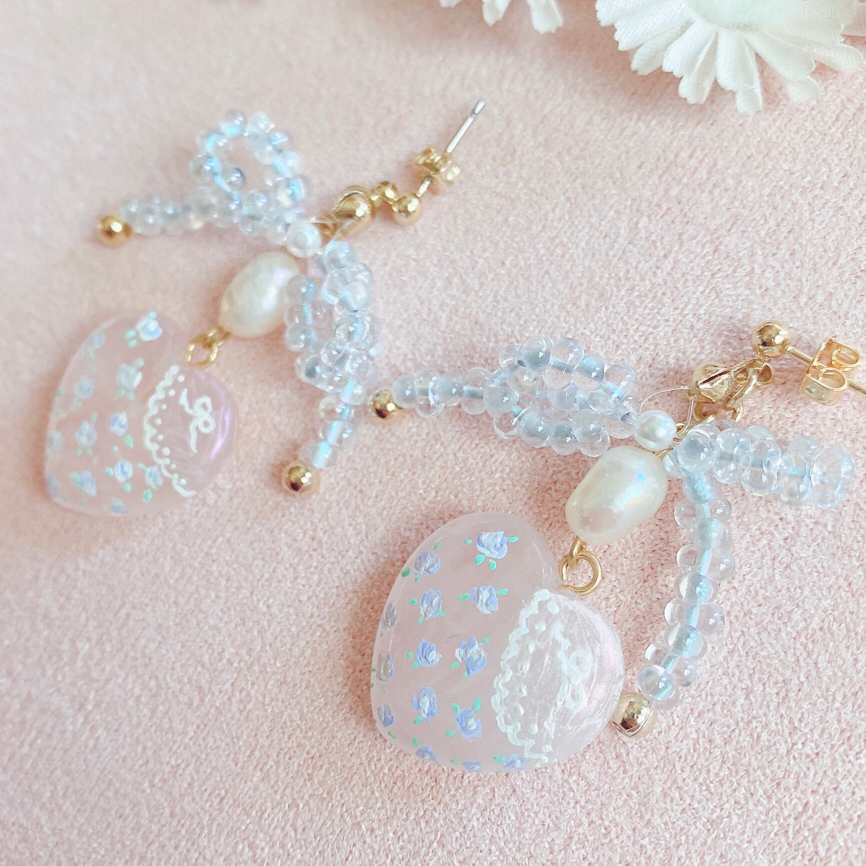 Snowing winter hand painted earrings (BLUEピアス）