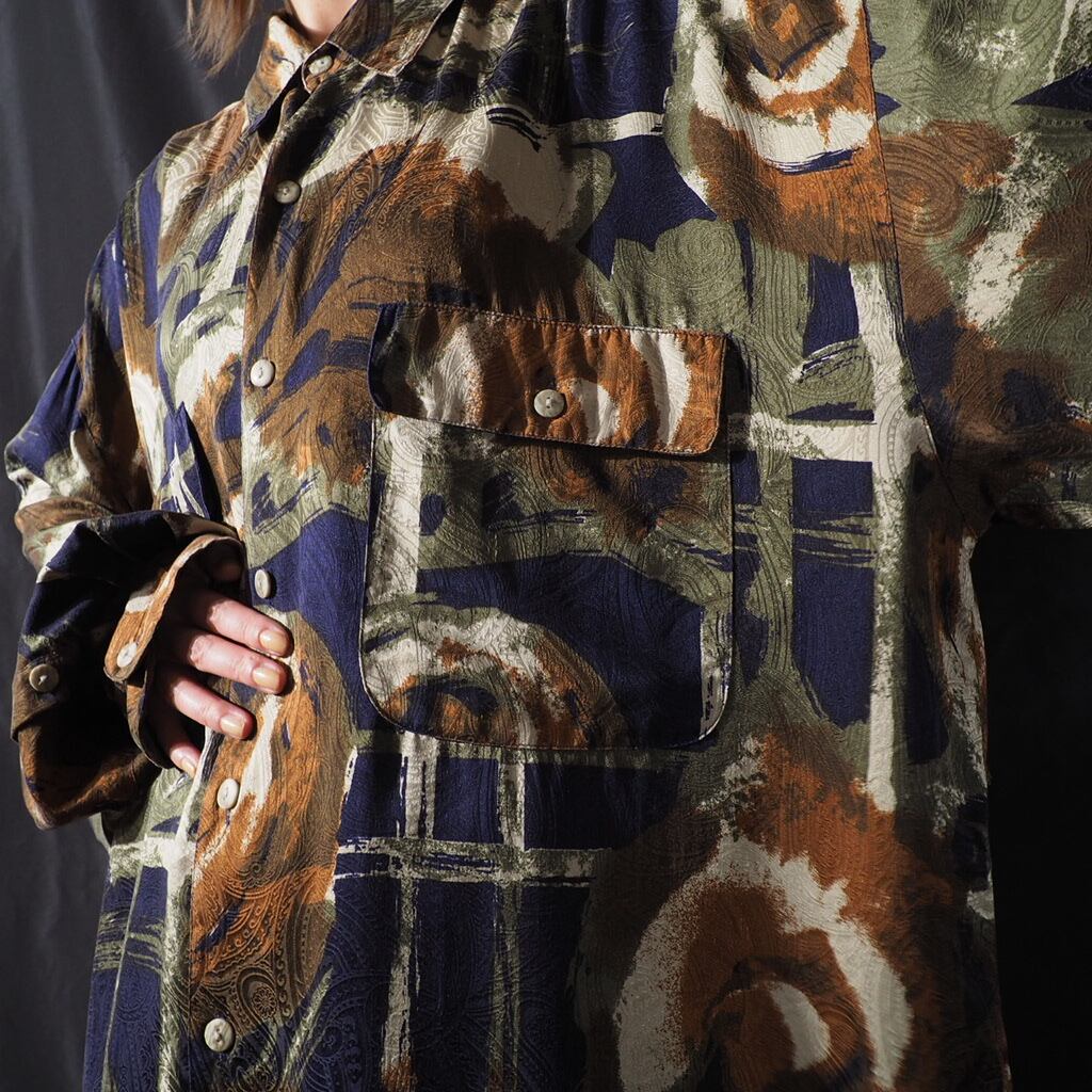 1990s GOOUCH retro art × openwork paisley full pattern silk shirt