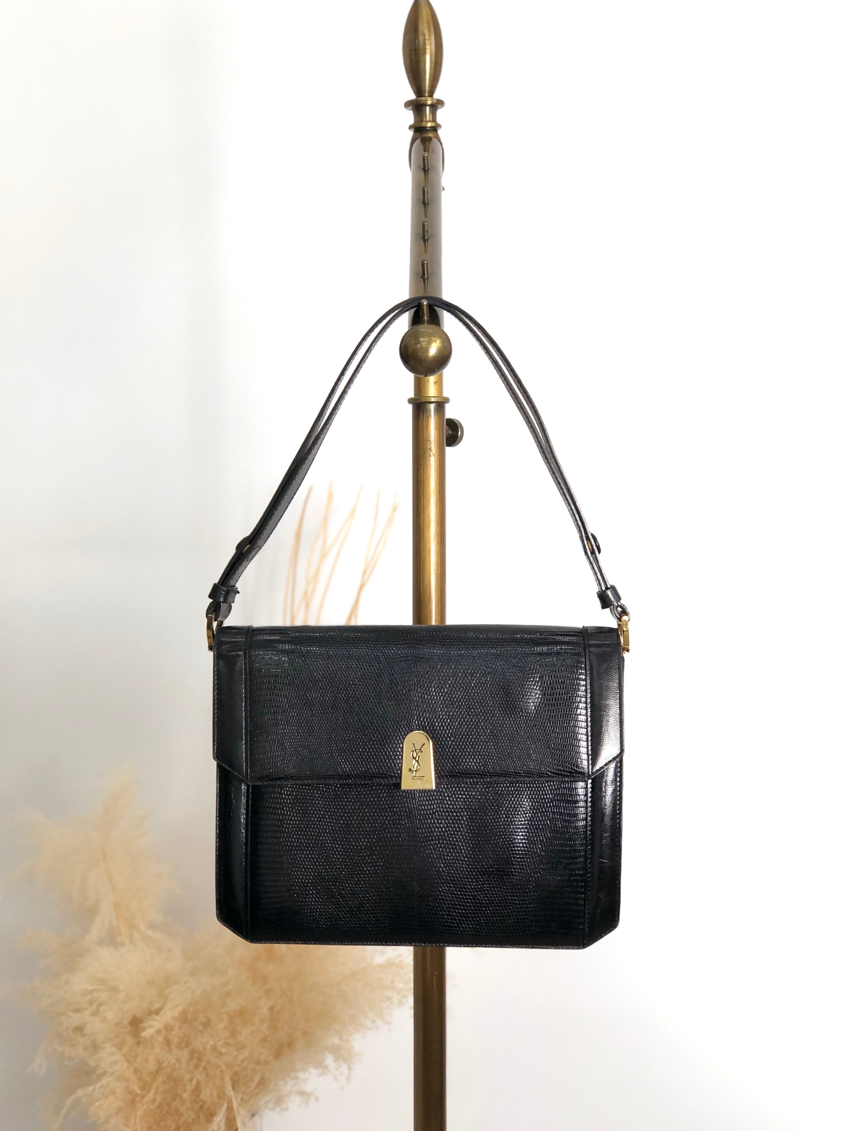 Yves Saint Laurent イヴ・サンローラン ショルダーバッグ ブラック YSL リザード型押し ワンショルダー vintage ヴィンテージ オールド 67eb7u