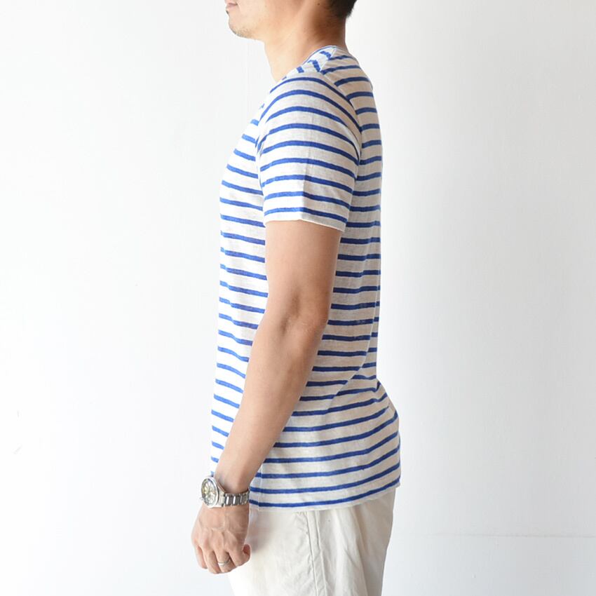 RINEN(リネン) 40/1リネン天竺ボーダー半袖クルーネック(15432)ブルー SIZE3