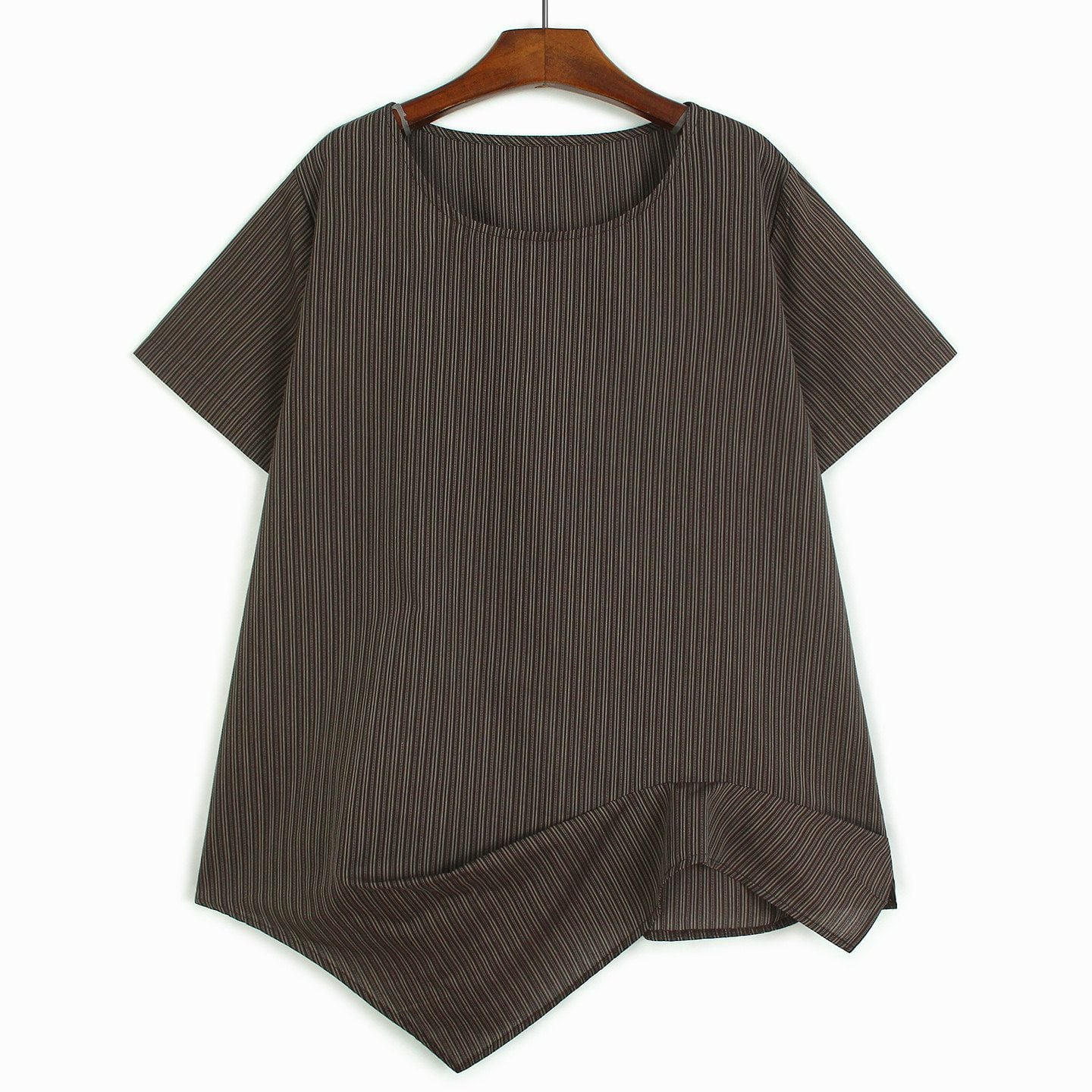 STRIPED ROUND NECK ASYMMETRIC HEM SLEEVE TOP M-17728
