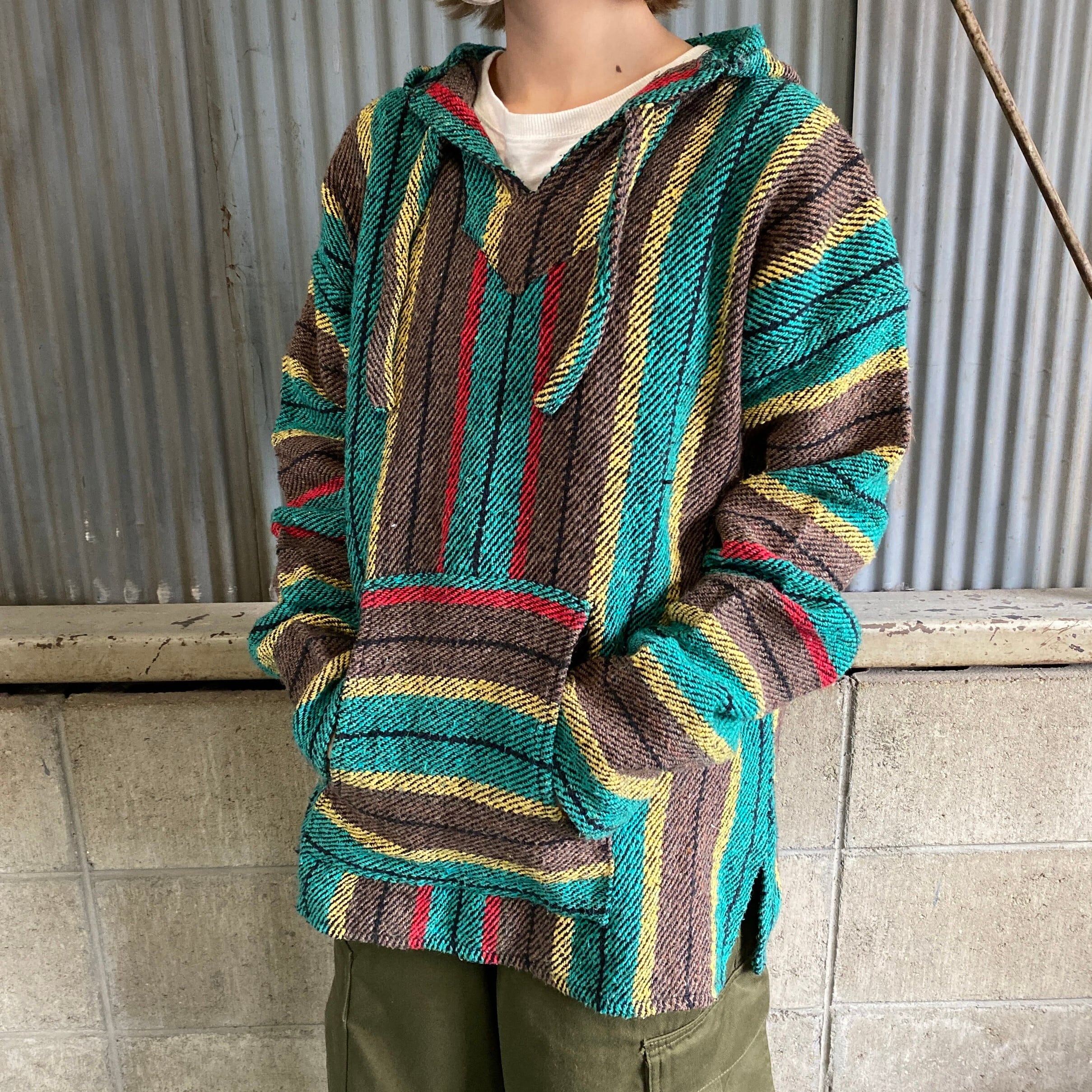 メキシコ製 メキシカンパーカー ラグパーカー メンズL 古着 グリーン 