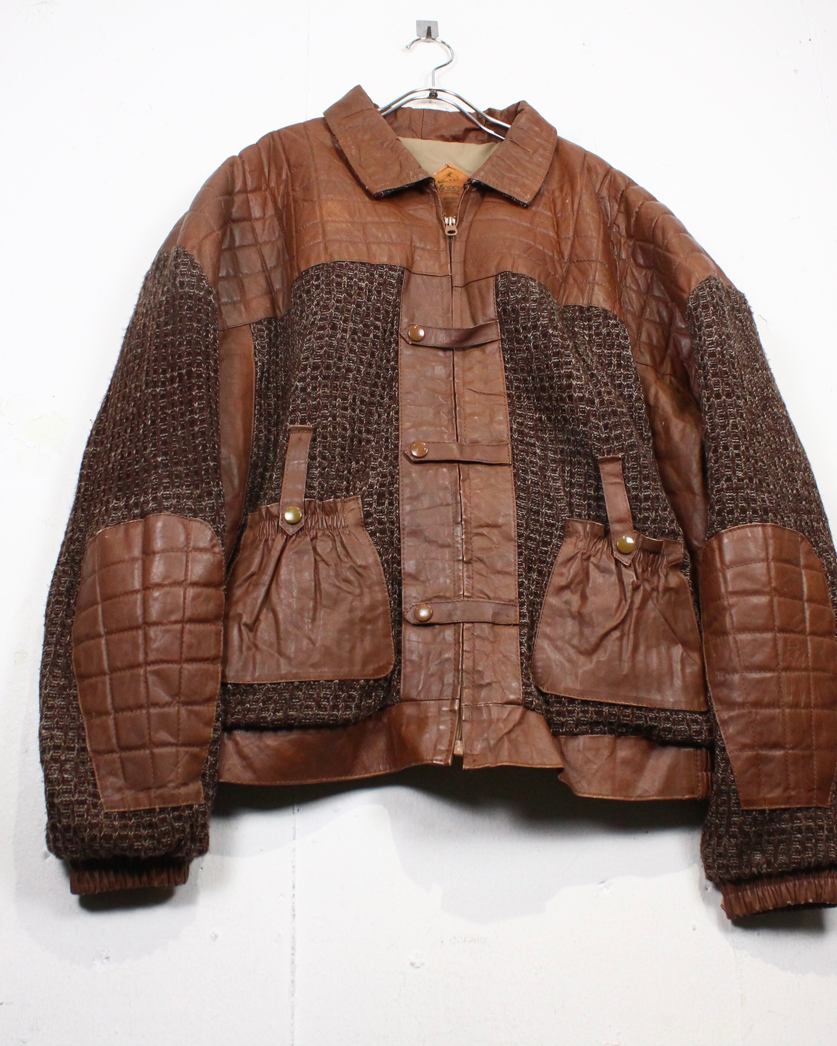 Caka act2】80's Leather × Knit Switching Vintage Loose Jacket