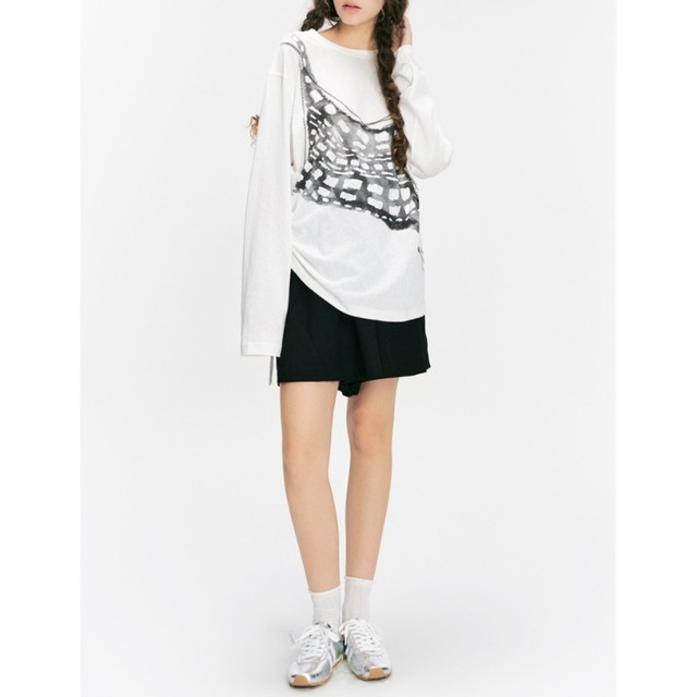 Graphic print ruched long T-shirt C1599