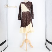 社交ダンス 衣装 ドレス ワンピース ブラウン系 レース 花 花柄 上品 茶 長袖 かわいい フリル 練習 レッスン シフォン 透け感 ダンス衣装 イベント ステージ パーティー フォーマル ベージュ系