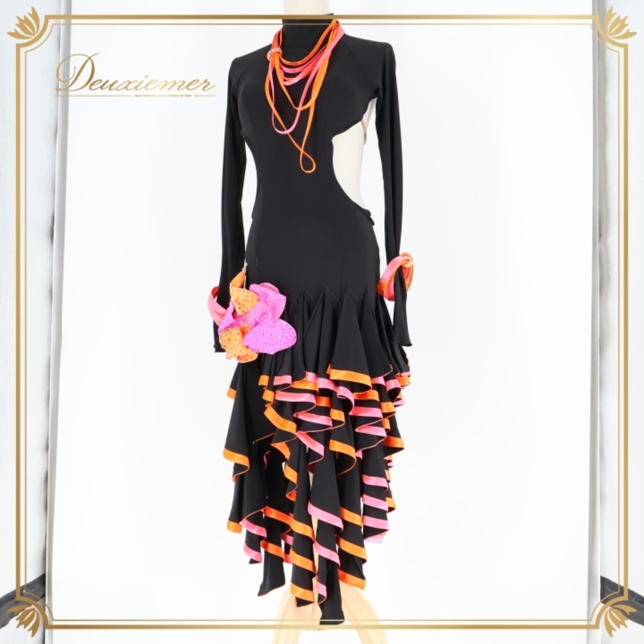 社交ダンス 衣装 ラテン ドレス ワンピース ブラック系 ピンク系 オレンジ系 黒 ピンク オレンジ フリル デモ 競技 ダンス パーティ 発表会 おしゃれ かわいい 女性用 舞台衣装