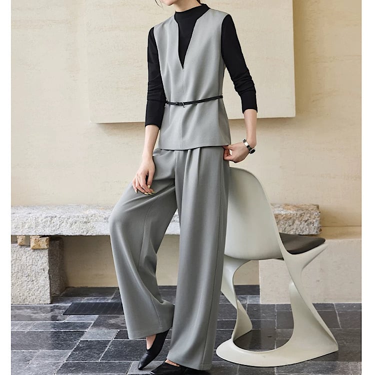 ビッグVネックベスト+ワイドパンツ 2点セット ◆2col YH9575