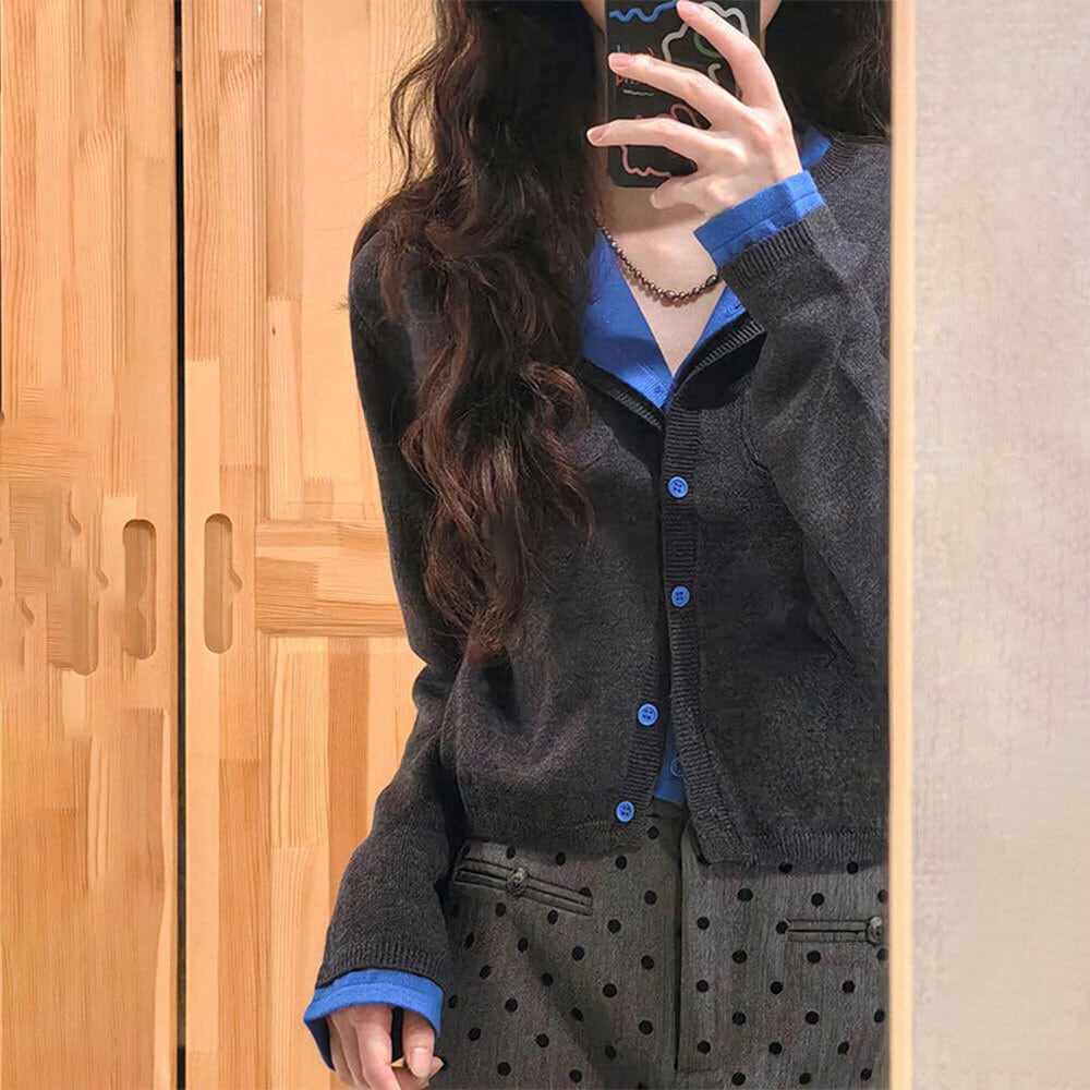 【送料無料】 レイヤード風 ニット カーディガン 重ね着 レディース 春秋 韓国 トップス 羽織り きれいめ 大人 カジュアル おしゃれ 切り替え 配色 長袖 ニットカーディガン 大人可愛い 大人女子