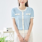 TRUBE ツイード調格子配色パイピングジャケット風ニットトップス【M~L】ブルー