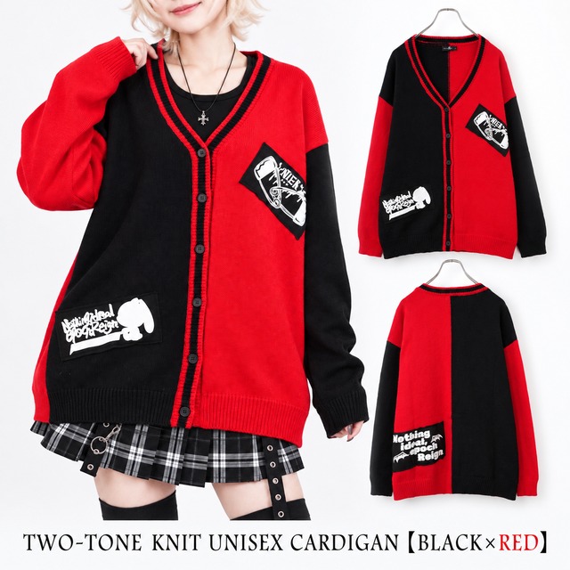 TWO-TONE KNIT UNISEX CARDIGAN【BLACK×RED】