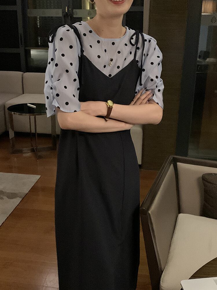 ドレス サマーラウンドネックブラック 夏物 Oネック ビッグFスモールZ韓国84592161957