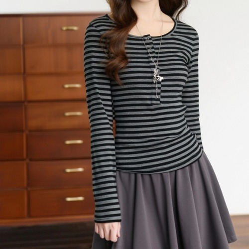 ハーフボタンボーダーカットソー ・75010
