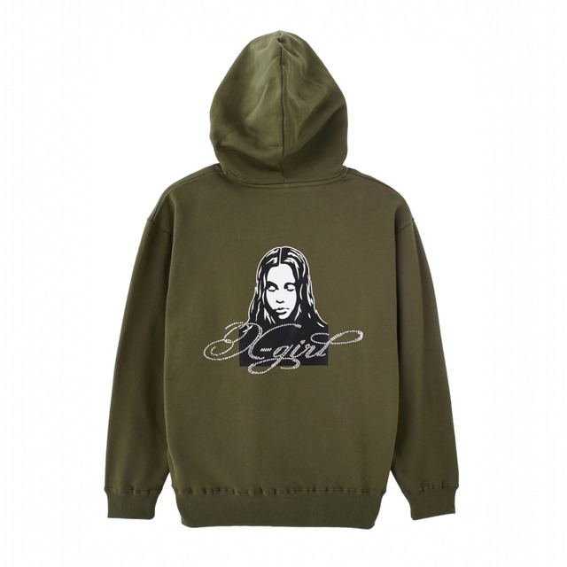 【x-girl】RHINESTONE LOGO AND FACE ZIP UP SWEAT HOODIE / OLIVE【エックスガール】