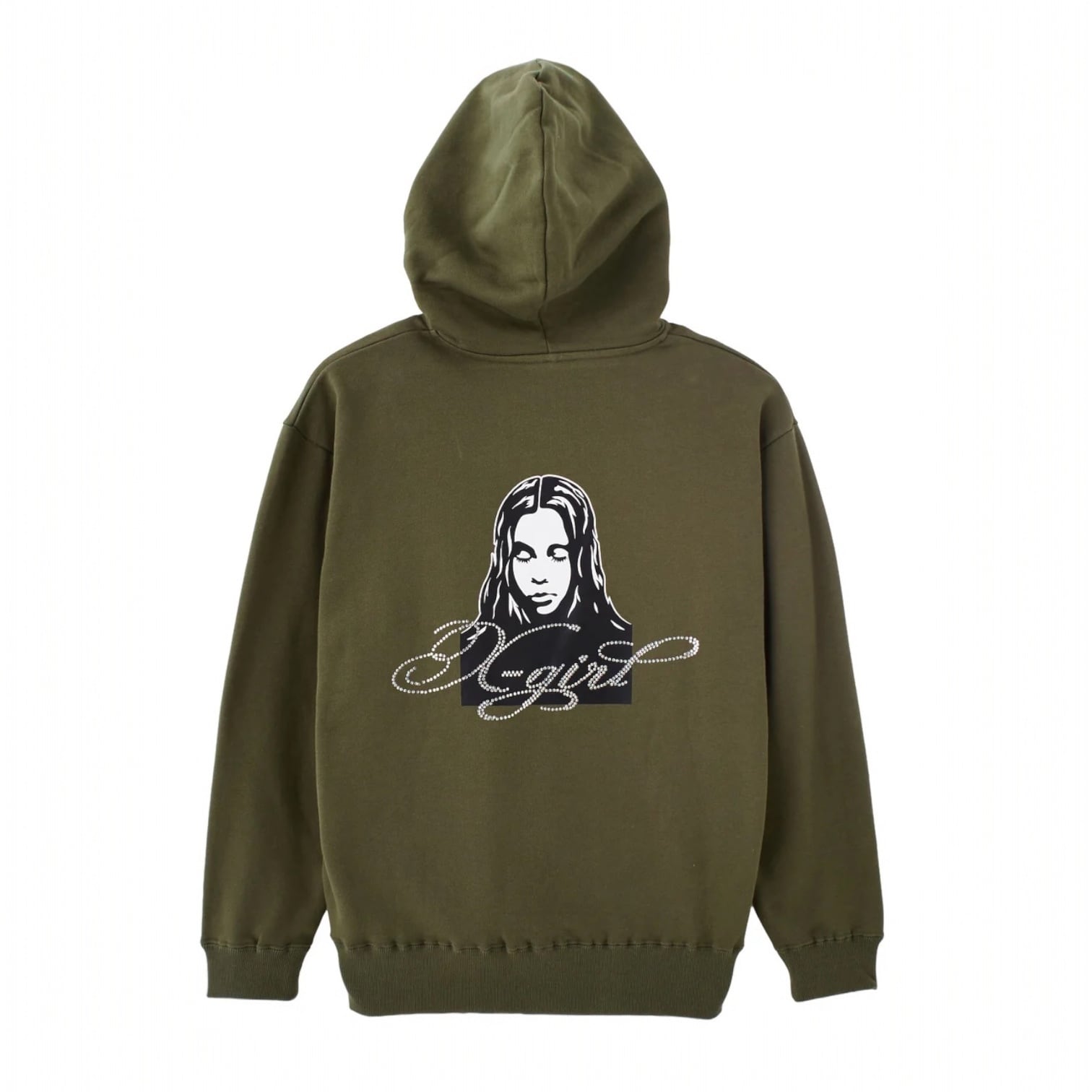 【x-girl】RHINESTONE LOGO AND FACE ZIP UP SWEAT HOODIE / OLIVE【エックスガール】