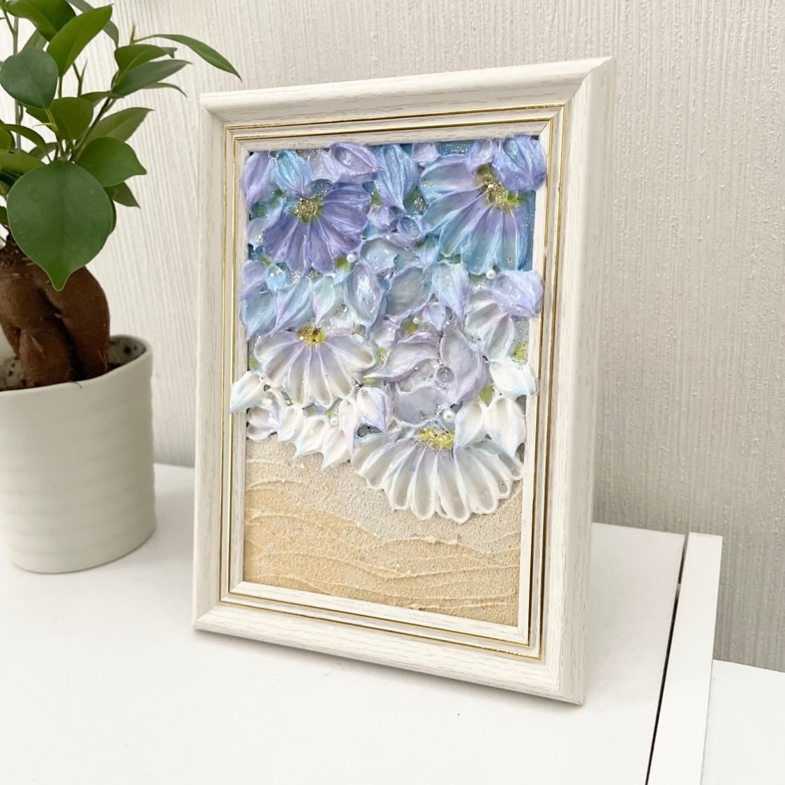 花海の窓」 18×13㎝ 海のテクスチャーアート 海のインテリア 額縁