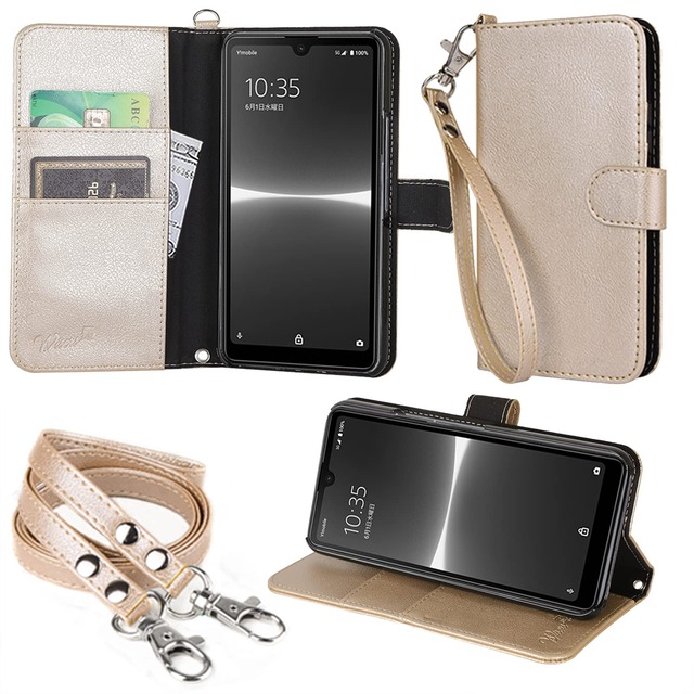 wisers Xperia ACE III ケース カバー 手帳型 SO-53C / SOG08 / A203SO スマホケース (ゴールド) 牛革調PUレザー (カードホルダー/スタンド機能付) ストラップ 2種付 (ハンドストラップ/ネックストラップ) カード収納