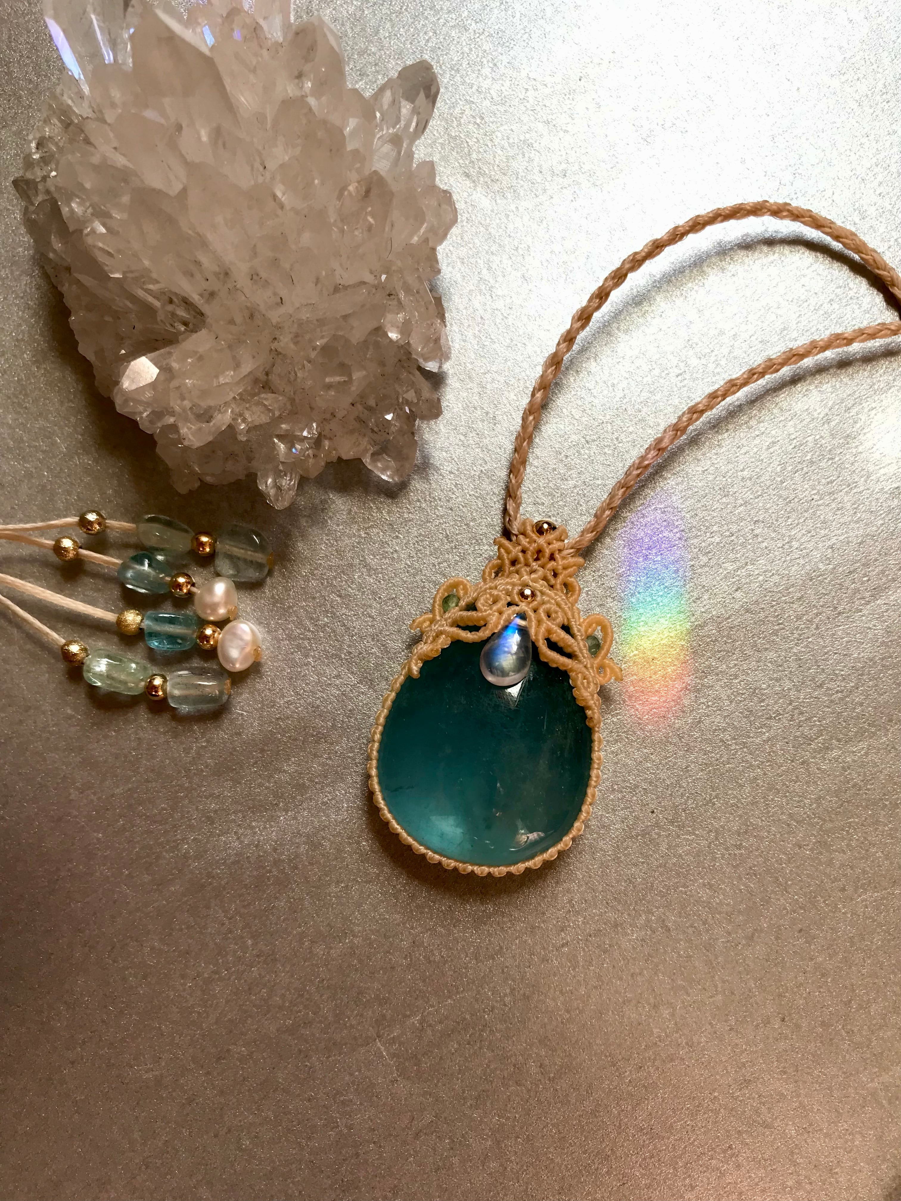 マクラメ編み アクアマリン ゆったり編み マクラメネックレス アクア