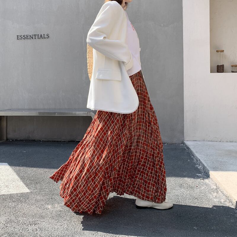Terracotta Plaid Pleated Maxi Skirt S0342
