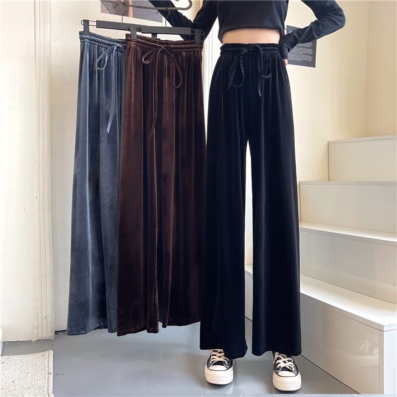 ブラックベルベットパンツ レディースルーズスプリングオータムウェストカジュアル 春物 秋物 YY-ファッション63744882501