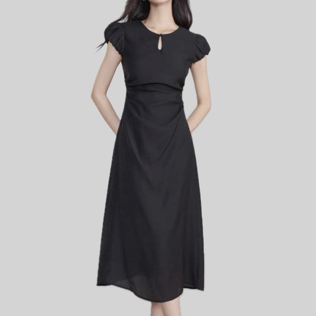 Power shoulder waist shirring tight A line dress 00147