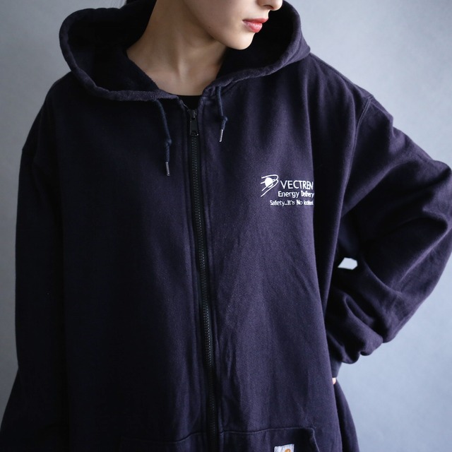 "Carhartt" full-zip one point embroidery over size navy sweat parka