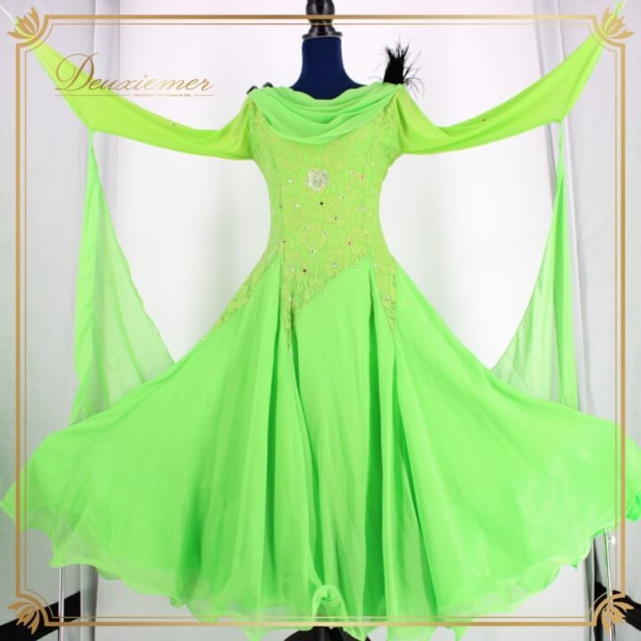 社交ダンス 衣装 スタンダード ドレス ワンピース レッスンウェア レディース オールシーズン prima boutique プリマブティック 黄緑 ライトグリーン系 フロート 花柄 レース ラインストーン フェミニン スポーツダンス おしゃれ