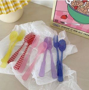 retro check flower fork spoon SET 6colors / レトロ チェック フラワー カトラリー 韓国雑貨