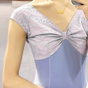 レースリボン キャップスリーブ バレエレオタード(ラベンダー)